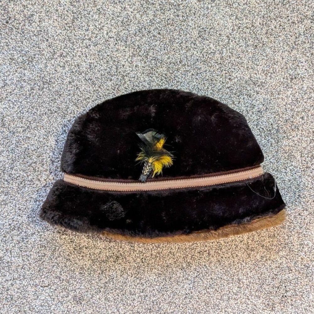 Vintage Brown Faux Fur Bavarian Tyrolean Alpine Hat Feather Brooch Oktoberfest